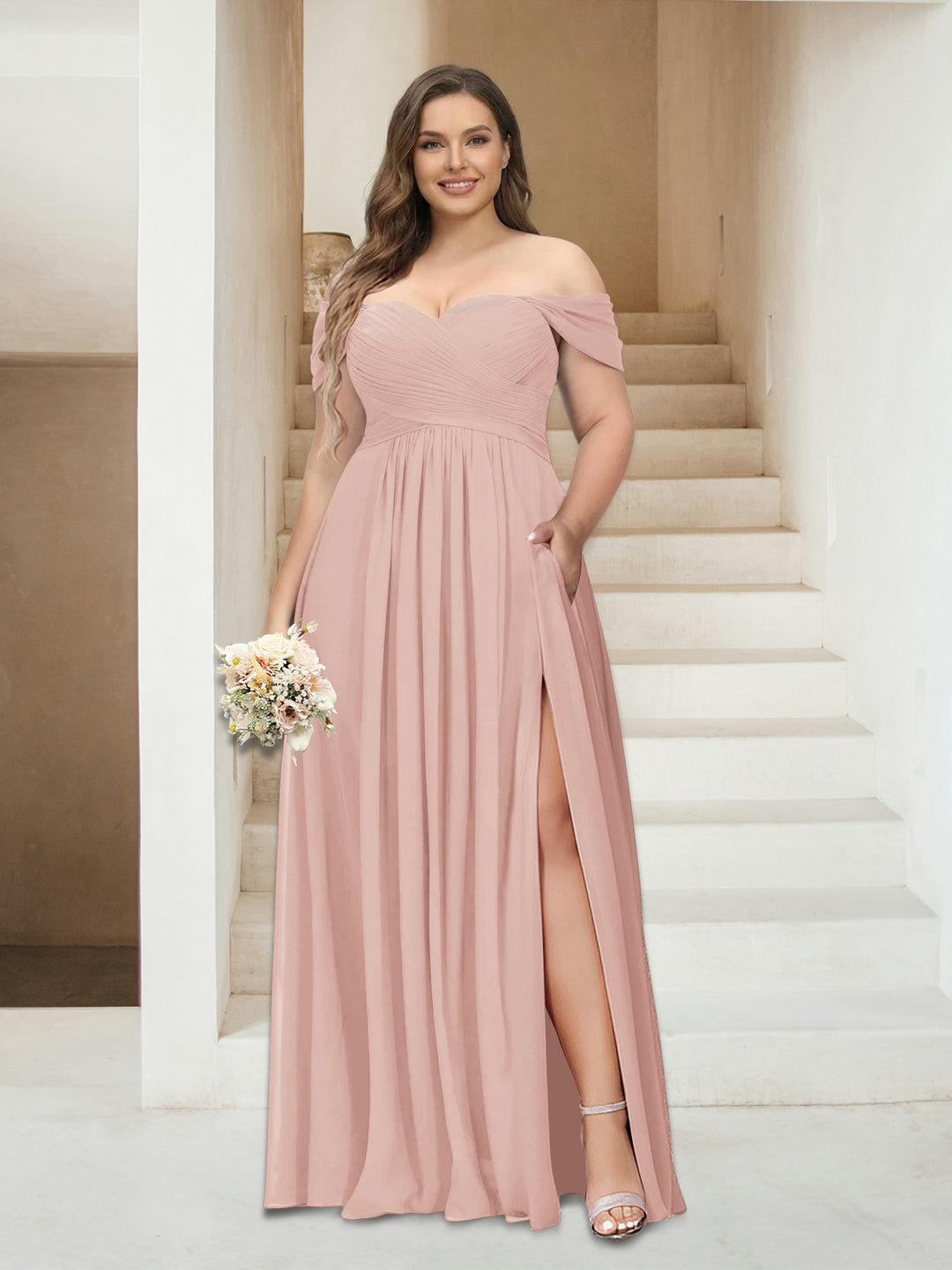 Lavetir Off White A-Line/Princess Off-the-Shoulder Sleeveless Chiffon Plus Size Bridesmaid Dresses with Pockets 2026