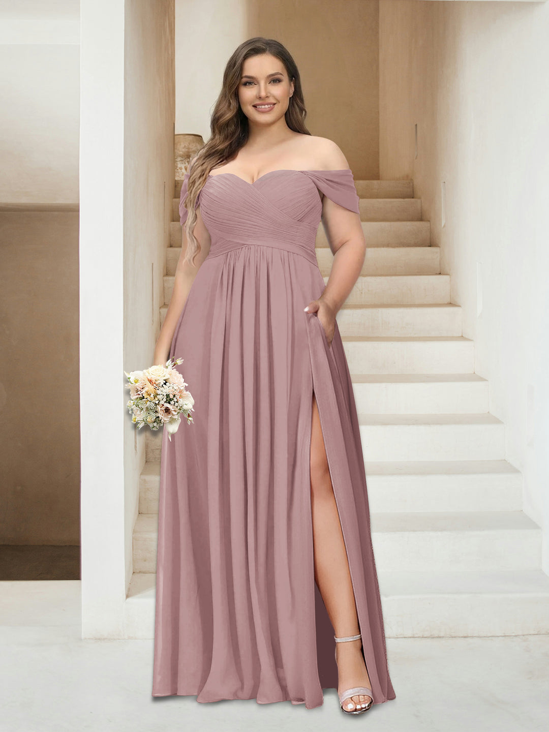 Lavetir Blush Pink A-Line/Princess Off-the-Shoulder Sleeveless Chiffon Plus Size Bridesmaid Dresses with Pockets 2026