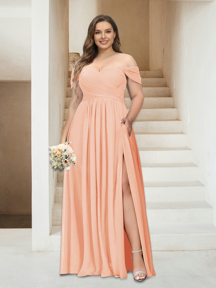 A-Line/Princess Off-the-Shoulder Sleeveless Chiffon Plus Size Bridesmaid Dresses with Pockets