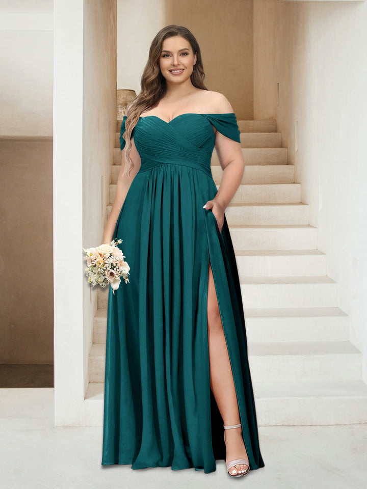 A-Line/Princess Off-the-Shoulder Sleeveless Chiffon Plus Size Bridesmaid Dresses with Pockets