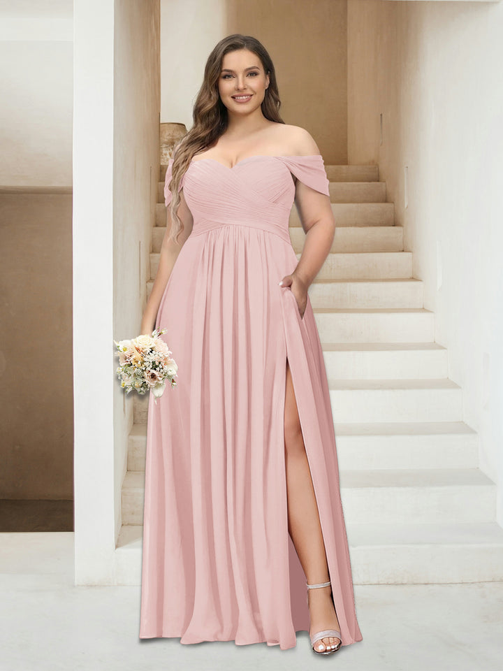 A-Line/Princess Off-the-Shoulder Sleeveless Chiffon Plus Size Bridesmaid Dresses with Pockets