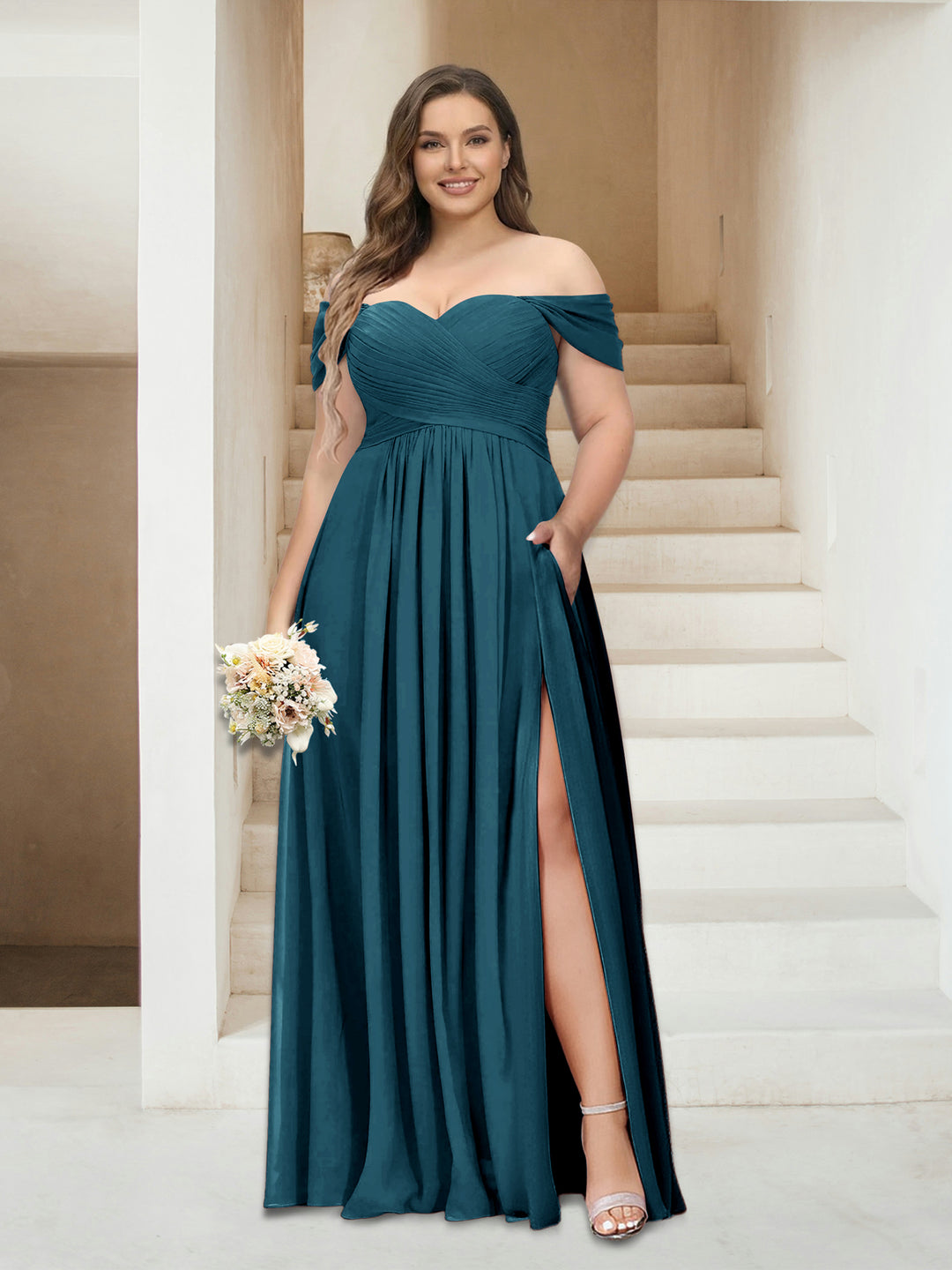 A-Line/Princess Off-the-Shoulder Sleeveless Chiffon Plus Size Bridesmaid Dresses with Pockets