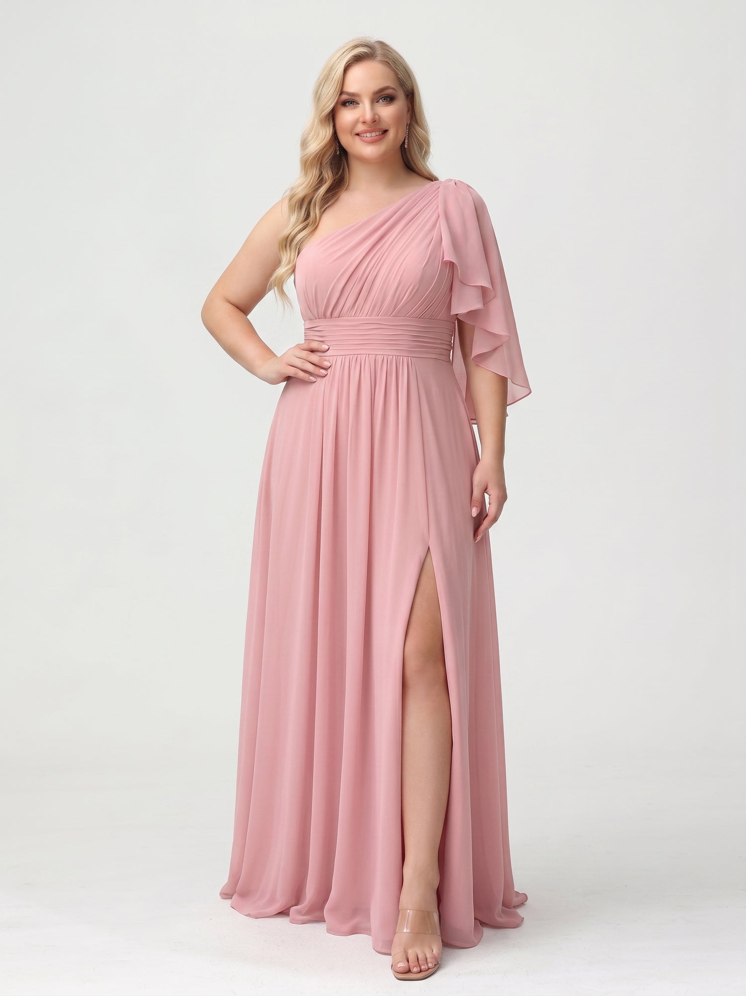 A-Line/Princess Floor-Length One-Shoulder Plus Size Bridesmaid Dresses With Split Side
