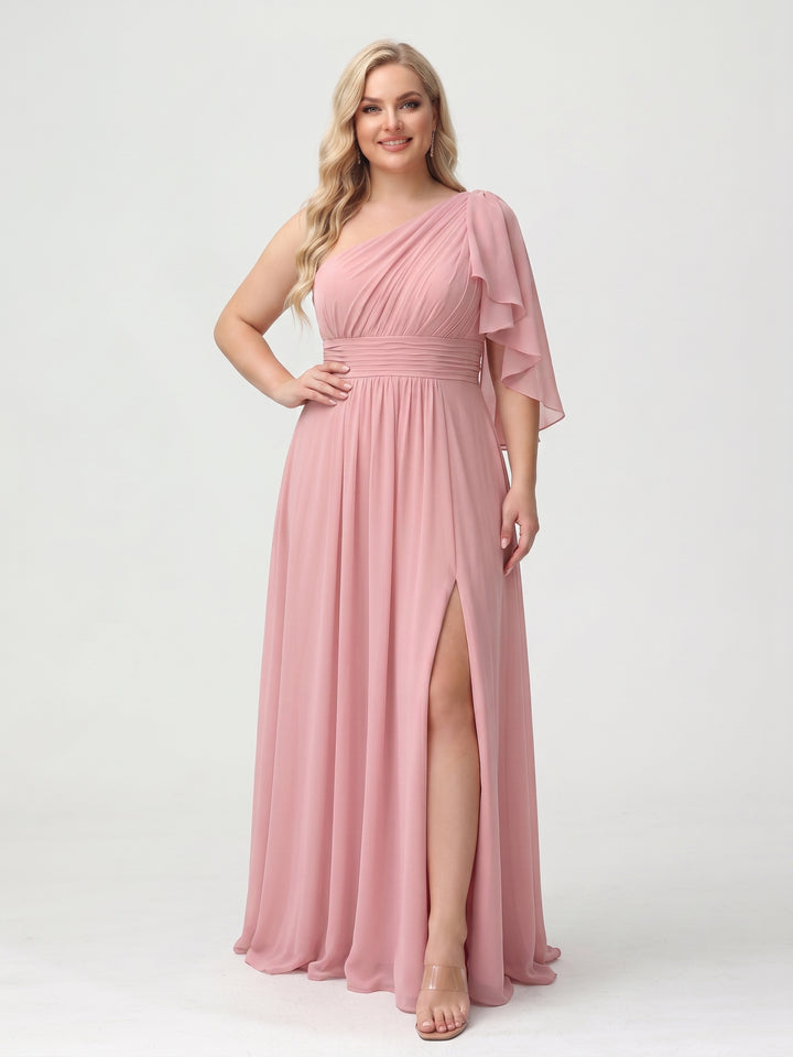 A-Line/Princess Floor-Length One-Shoulder Plus Size Bridesmaid Dresses With Split Side