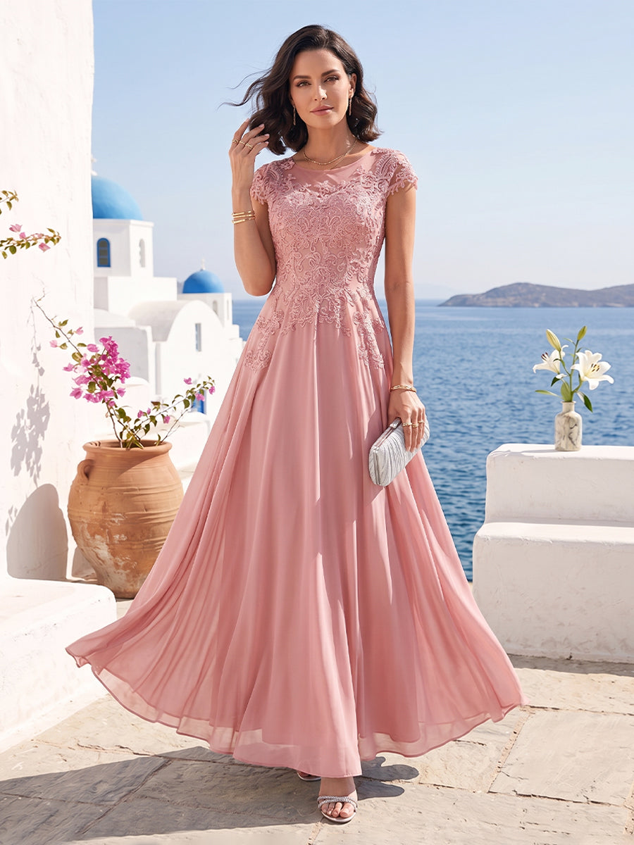 A-Line/Princess Scoop Short Sleeves Chiffon Mother of the Bride Dresses with Applique