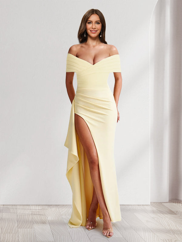 Sheath/Column Off-the-Shoulder Pleated Ruffle Bridesmaid Dresses with Split Side