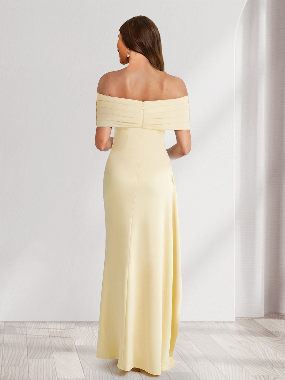 Sheath/Column Off-the-Shoulder Pleated Ruffle Bridesmaid Dresses with Split Side