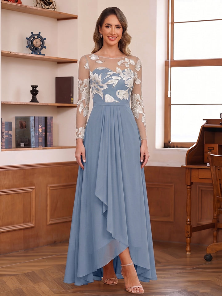 A-Line/Princess Scoop Long Sleeves Chiffon Asymmetrical Mother of the Bride Dresses With Appliques