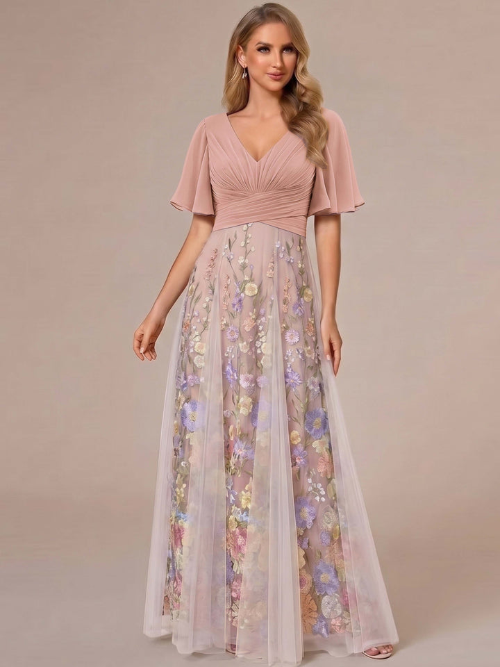 A-Line/Princess V-Neck Half Sleeves Mother of the Bride Dresses with Appliques &amp; Pleats