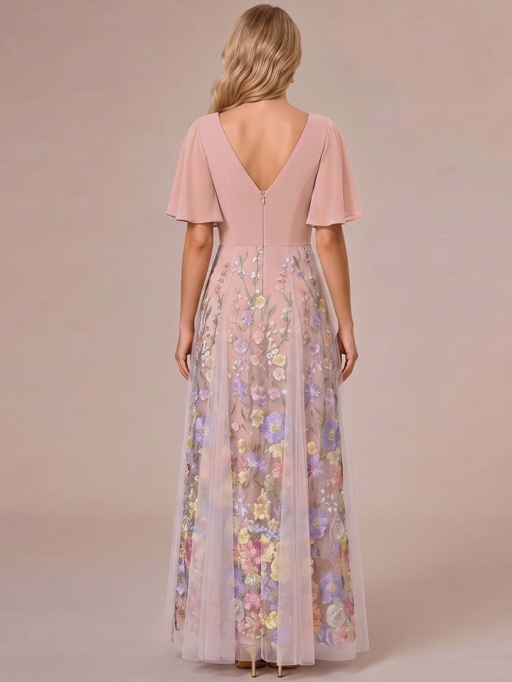 A-Line/Princess V-Neck Half Sleeves Mother of the Bride Dresses with Appliques &amp; Pleats