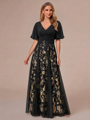 A-Line/Princess V-Neck Half Sleeves Mother of the Bride Dresses with Appliques & Pleats