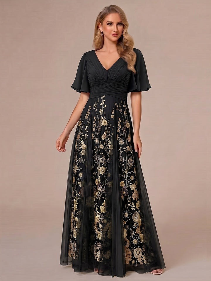 A-Line/Princess V-Neck Half Sleeves Mother of the Bride Dresses with Appliques &amp; Pleats