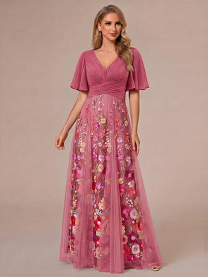 A-Line/Princess V-Neck Half Sleeves Mother of the Bride Dresses with Appliques & Pleats