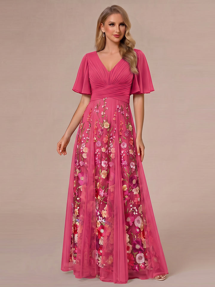 A-Line/Princess V-Neck Half Sleeves Mother of the Bride Dresses with Appliques &amp; Pleats