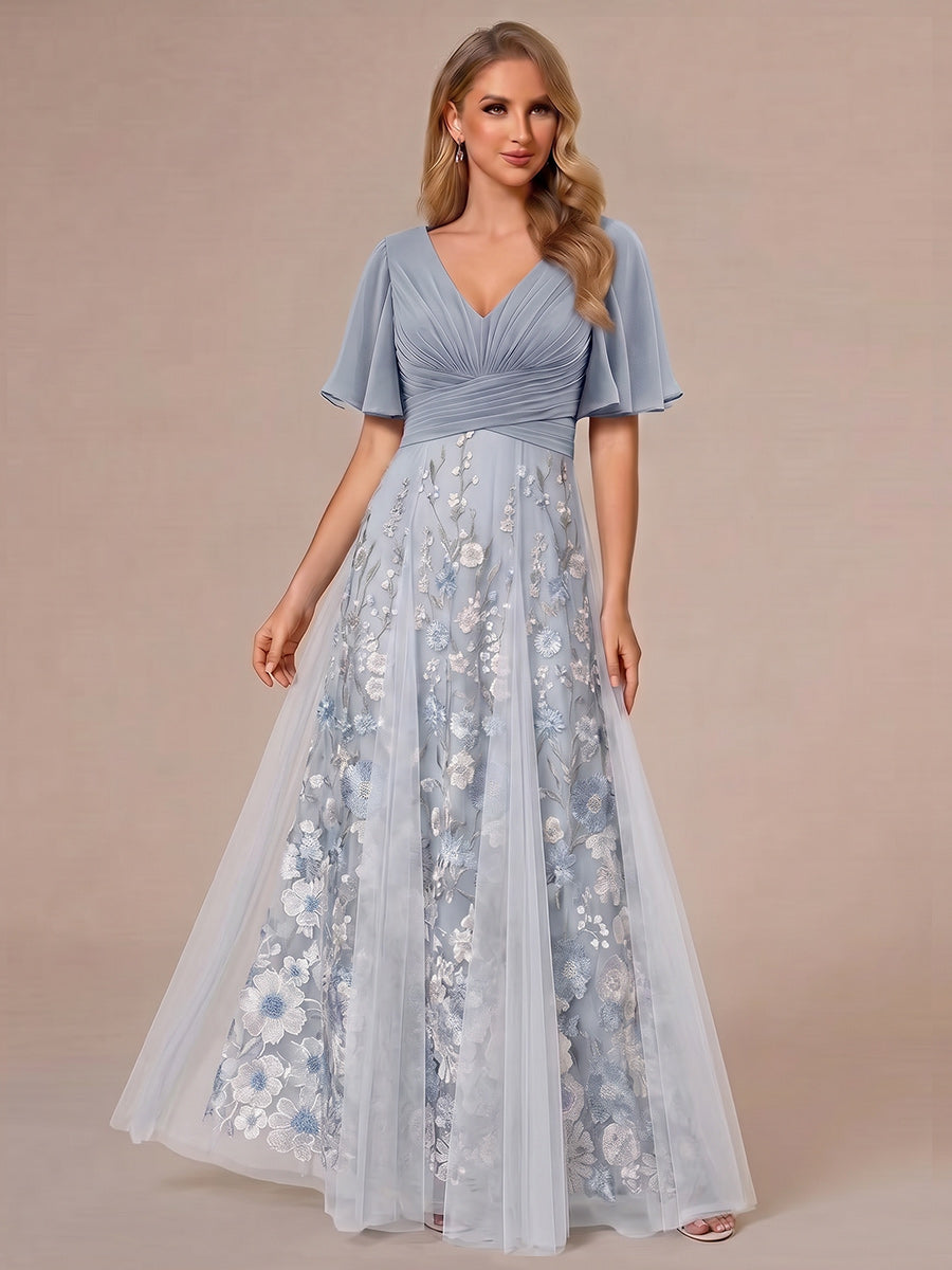 A-Line/Princess V-Neck Half Sleeves Mother of the Bride Dresses with Appliques &amp; Pleats