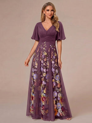 A-Line/Princess V-Neck Half Sleeves Mother of the Bride Dresses with Appliques & Pleats