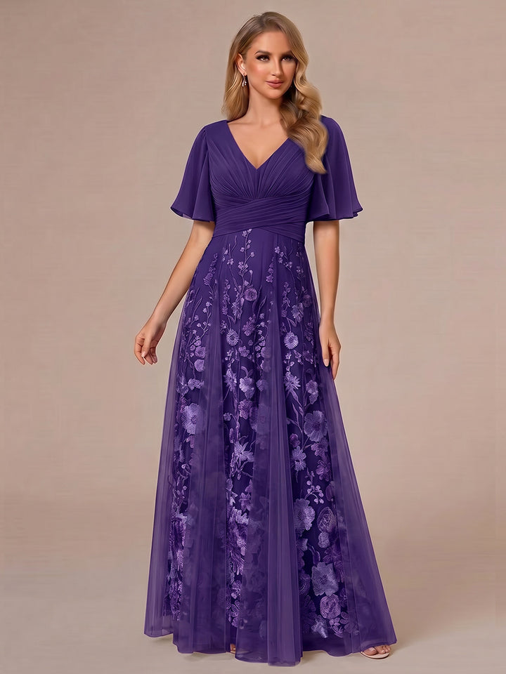 A-Line/Princess V-Neck Half Sleeves Mother of the Bride Dresses with Appliques &amp; Pleats