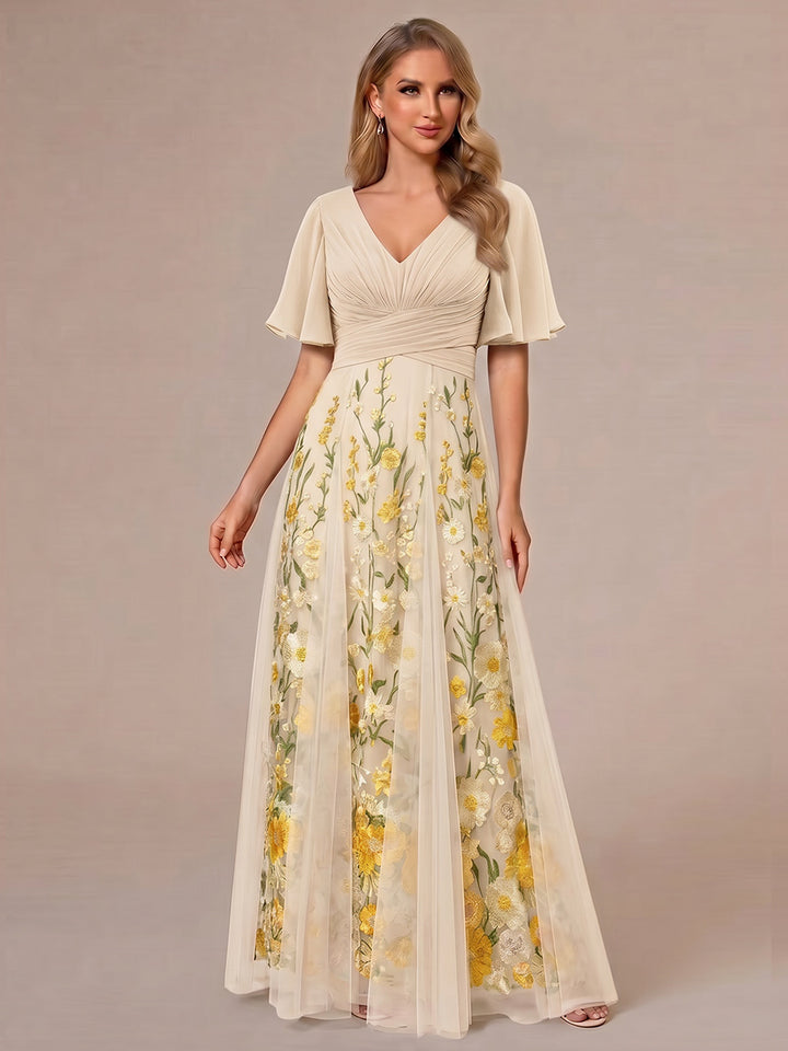 A-Line/Princess V-Neck Half Sleeves Mother of the Bride Dresses with Appliques &amp; Pleats
