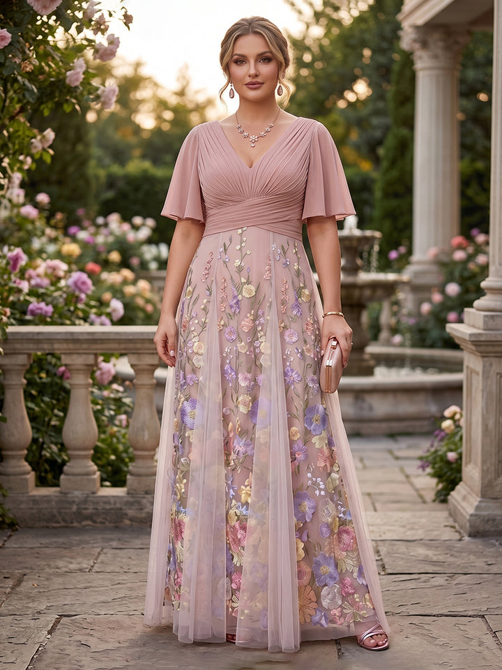 A-Line/Princess V-Neck Half Sleeves Plus Size Mother of the Bride Dresses with Appliques &amp; Pleats