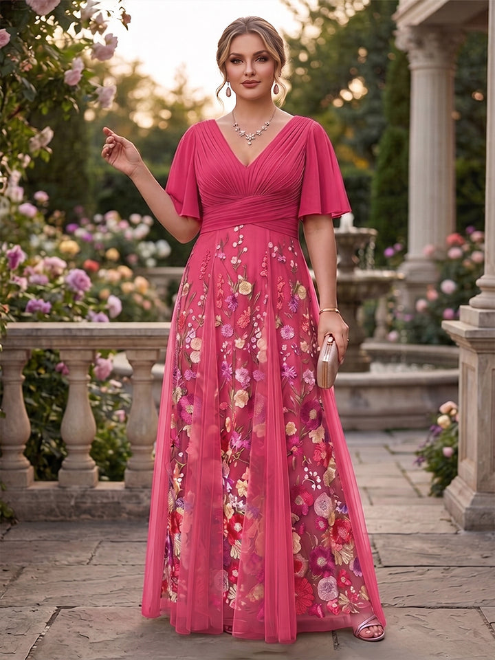 A-Line/Princess V-Neck Half Sleeves Plus Size Mother of the Bride Dresses with Appliques &amp; Pleats