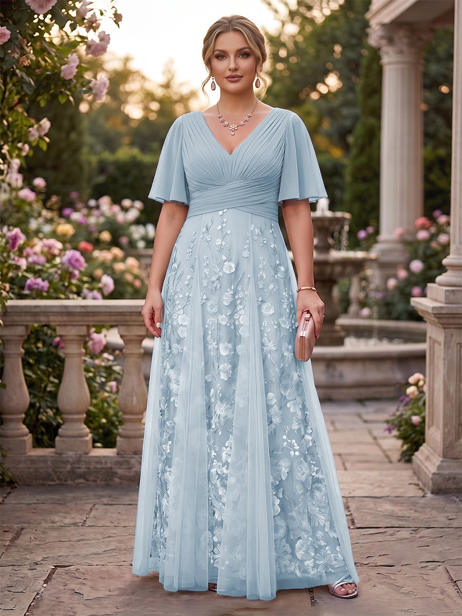 A-Line/Princess V-Neck Half Sleeves Plus Size Mother of the Bride Dresses with Appliques & Pleats