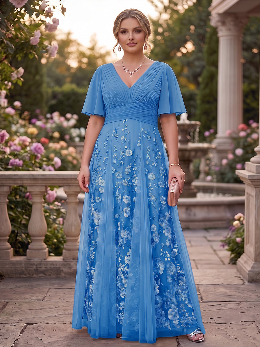 A-Line/Princess V-Neck Half Sleeves Plus Size Mother of the Bride Dresses with Appliques &amp; Pleats