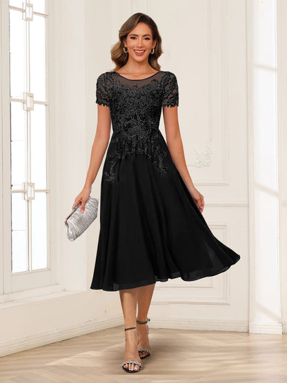 A-Line/Princess Scoop Short Sleeves Chiffon Mother of the Bride Dresses with Applique