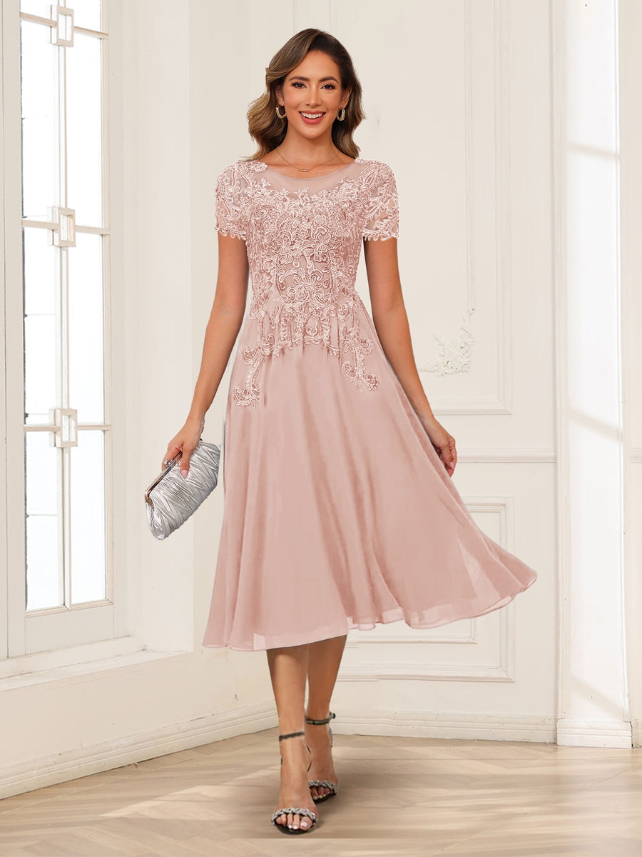 A-Line/Princess Scoop Short Sleeves Chiffon Mother of the Bride Dresses with Applique