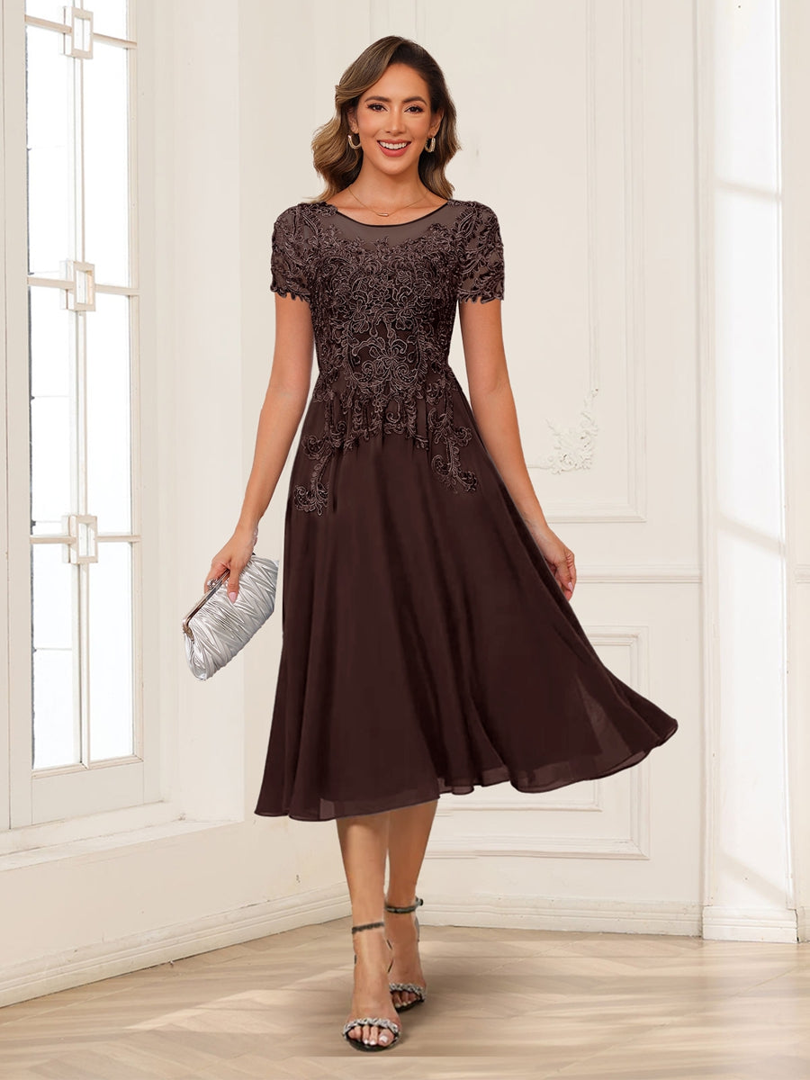 A-Line/Princess Scoop Short Sleeves Chiffon Mother of the Bride Dresses with Applique
