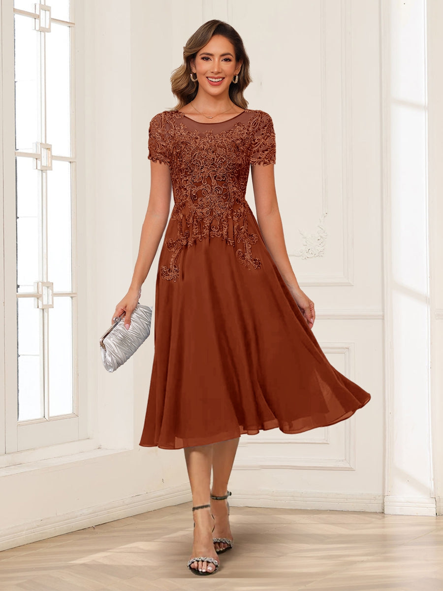 Lavetir Mother of the Bride Dresses Rust A-Line/Princess Scoop Short Sleeves Chiffon with Applique 2026