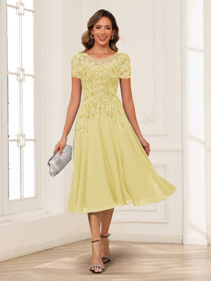 A-Line/Princess Scoop Short Sleeves Chiffon Mother of the Bride Dresses with Applique
