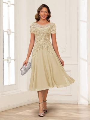 A-Line/Princess Scoop Short Sleeves Chiffon Mother of the Bride Dresses with Applique