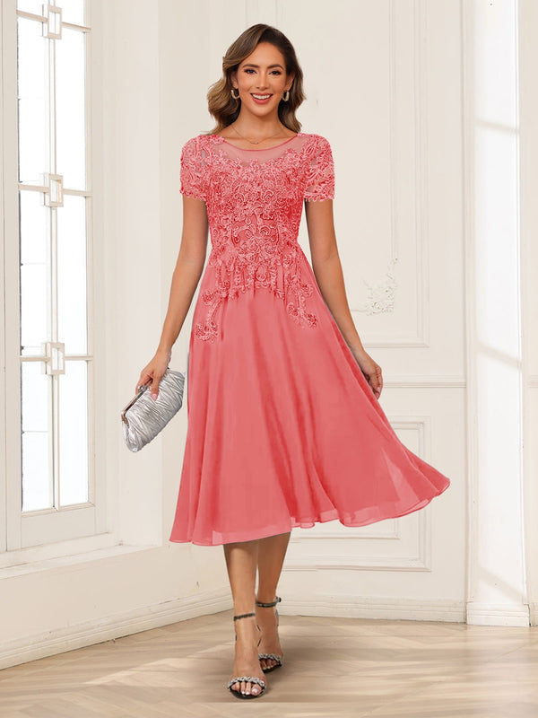 A-Line/Princess Scoop Short Sleeves Chiffon Mother of the Bride Dresses with Applique