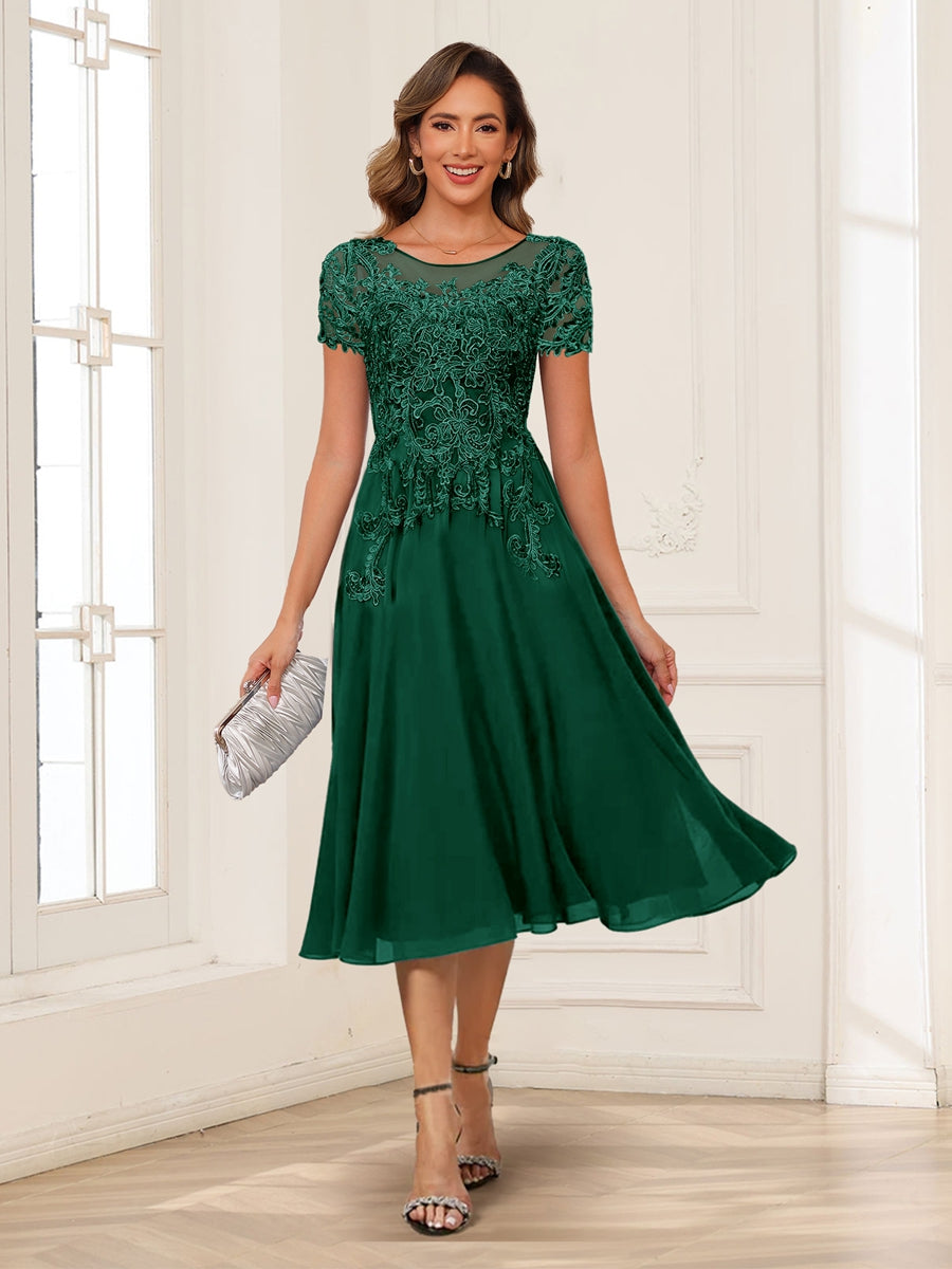 Lavetir Green A-Line/Princess Scoop Short Sleeves Chiffon Mother of the Bride Dresses with Applique 2026