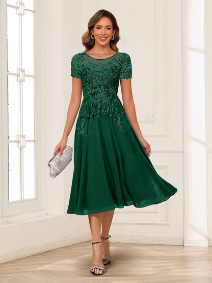 A-Line/Princess Scoop Short Sleeves Chiffon Mother of the Bride Dresses with Applique