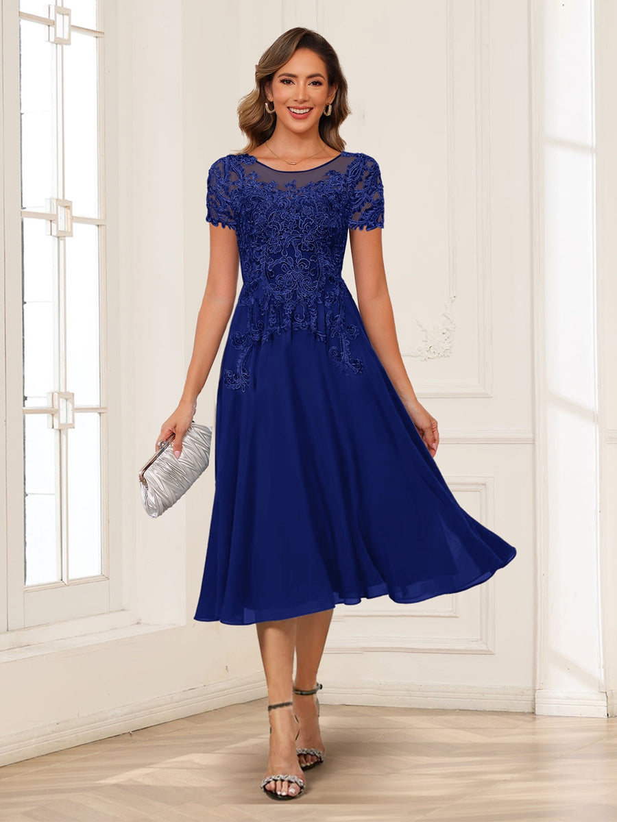 A-Line/Princess Scoop Short Sleeves Chiffon Mother of the Bride Dresses with Applique