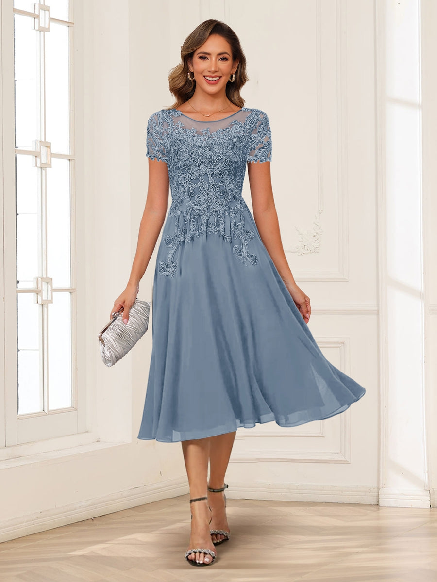 A-Line/Princess Scoop Short Sleeves Chiffon Mother of the Bride Dresses with Applique