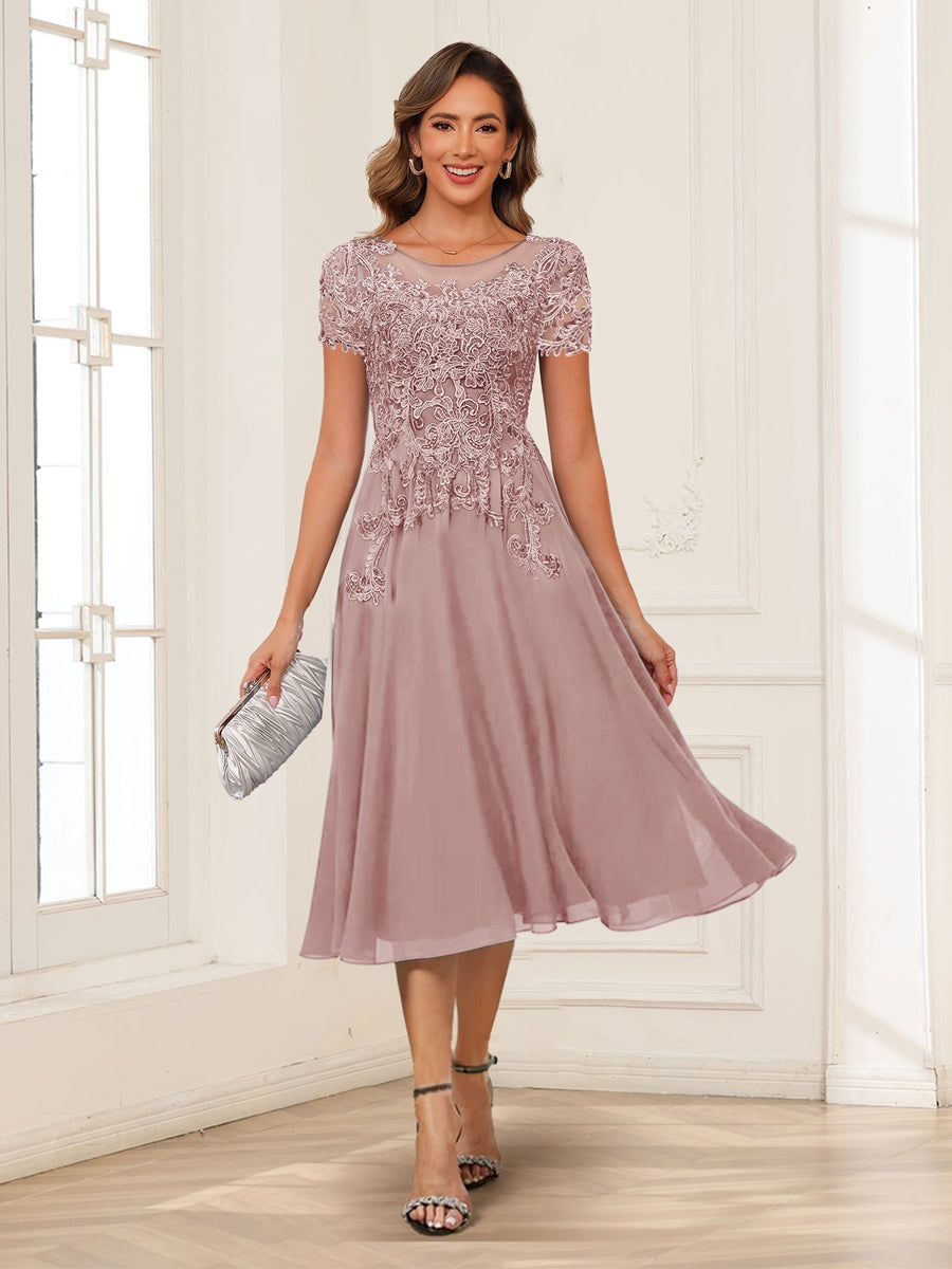 A-Line/Princess Scoop Short Sleeves Chiffon Mother of the Bride Dresses with Applique