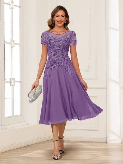 A-Line/Princess Scoop Short Sleeves Chiffon Mother of the Bride Dresses with Applique