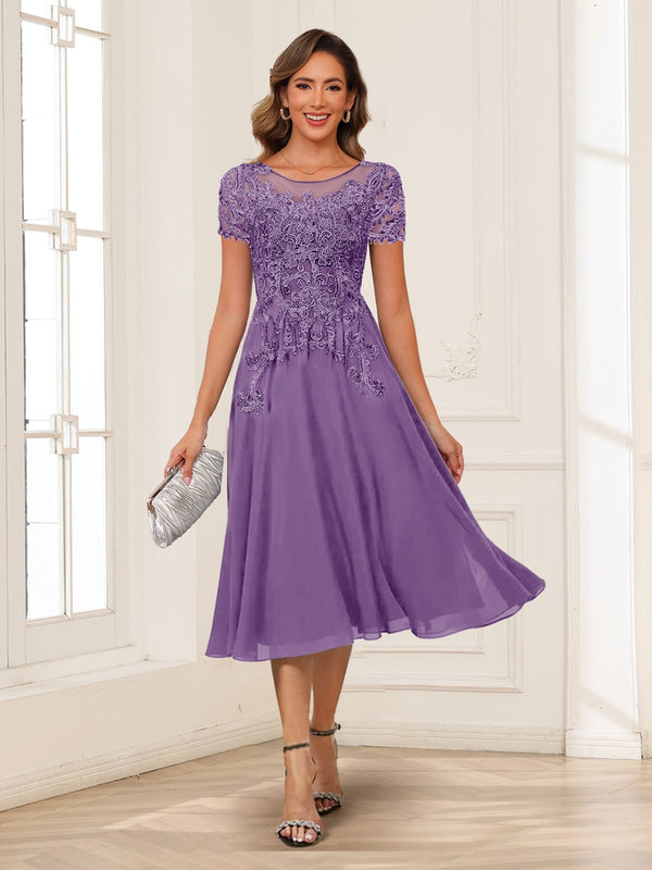 A-Line/Princess Scoop Short Sleeves Chiffon Mother of the Bride Dresses with Applique