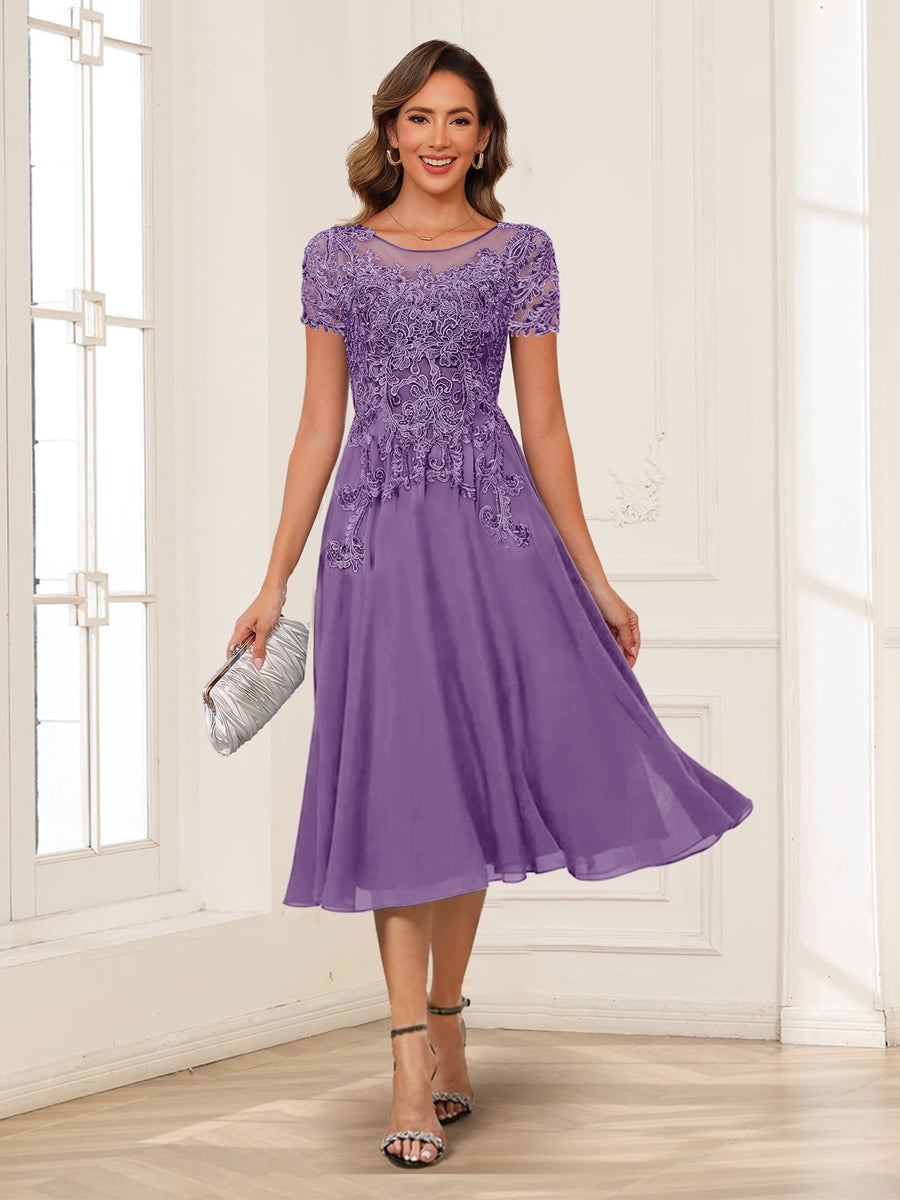 A-Line/Princess Scoop Short Sleeves Chiffon Mother of the Bride Dresses with Applique