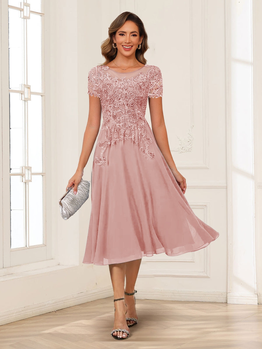 A-Line/Princess Scoop Short Sleeves Chiffon Mother of the Bride Dresses with Applique