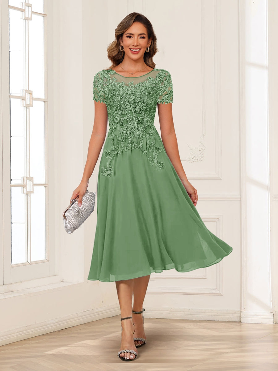 A-Line/Princess Scoop Short Sleeves Chiffon Mother of the Bride Dresses with Applique
