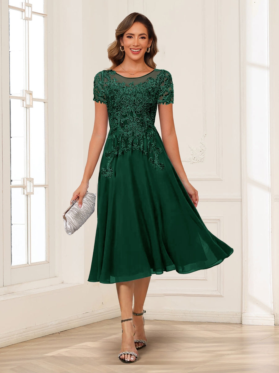 Mother of the Bride & Groom Dress Lace Appliqué with Beading Tea Length Chiffon Round Neck Cap Sleeve Ruched A-Line Skirt Navy Blue Evening