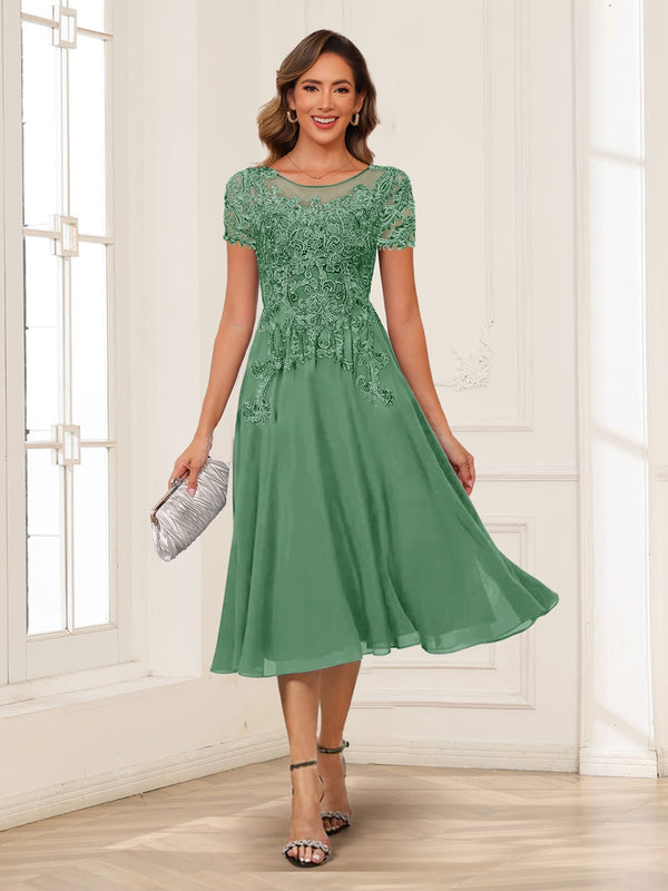 A-Line/Princess Scoop Short Sleeves Chiffon Mother of the Bride Dresses with Applique