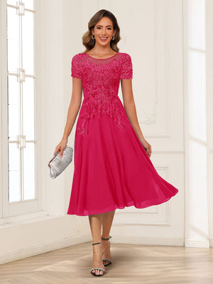 A-Line/Princess Scoop Short Sleeves Chiffon Mother of the Bride Dresses with Applique