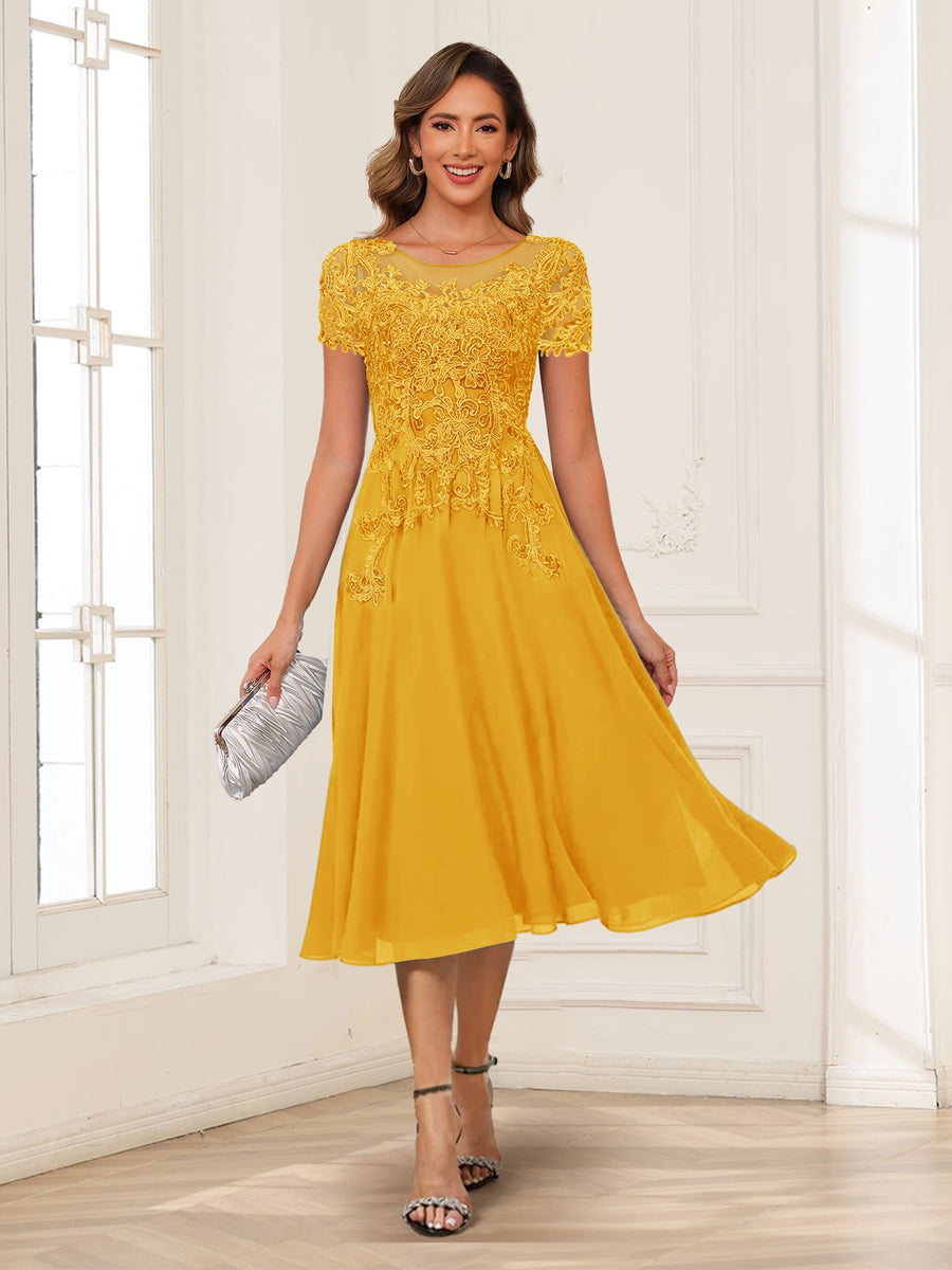 A-Line/Princess Scoop Short Sleeves Chiffon Mother of the Bride Dresses with Applique