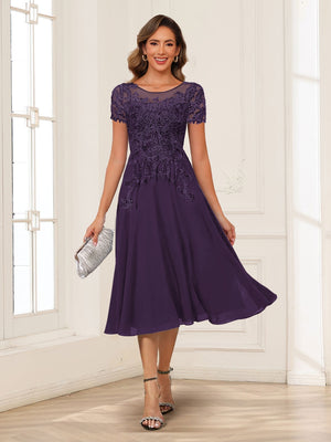 A-Line/Princess Scoop Short Sleeves Chiffon Mother of the Bride Dresses with Applique