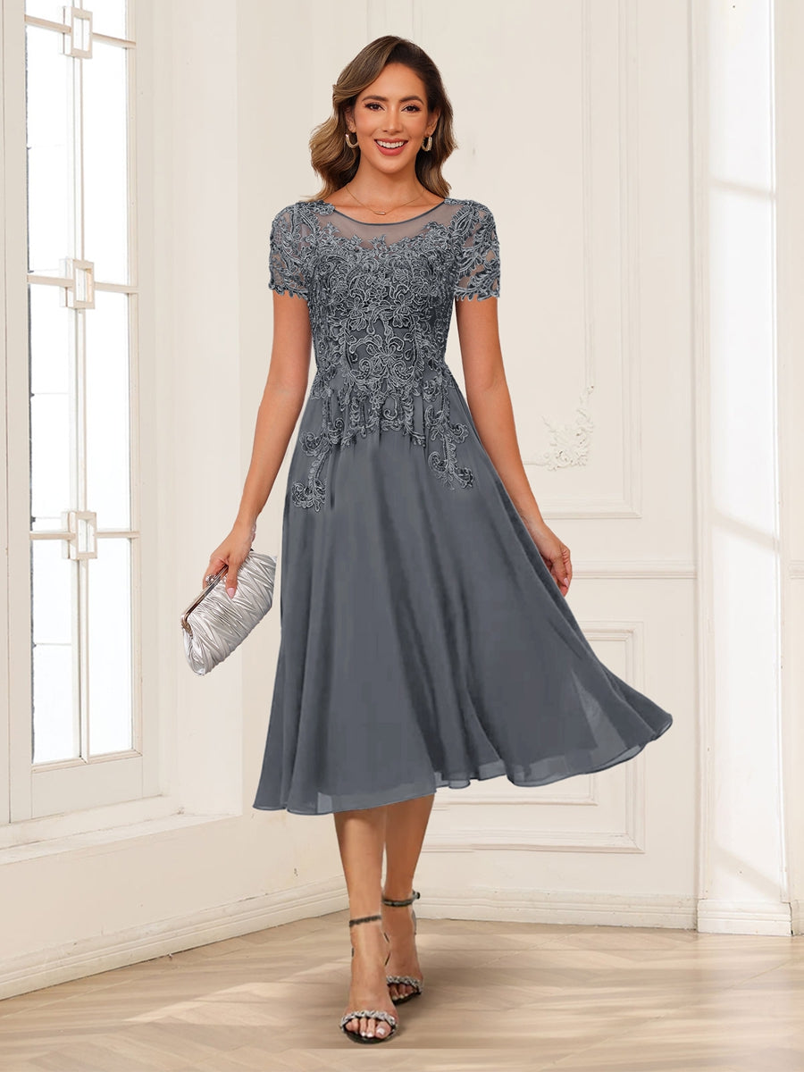 Lavetir Silver Gray A-Line/Princess Scoop Short Sleeves Chiffon Mother of the Bride Dresses with Applique 2026