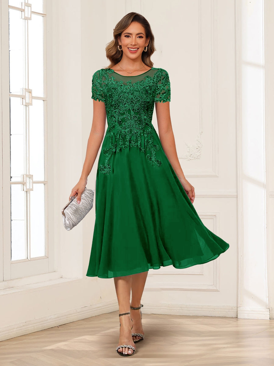 A-Line/Princess Scoop Short Sleeves Chiffon Mother of the Bride Dresses with Applique